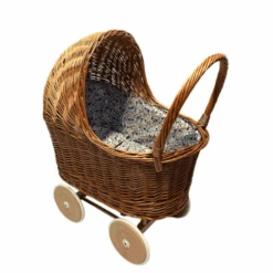 Poppen, Accessoires - Rieten Poppenwagen Met Kap, Bloemenprint
